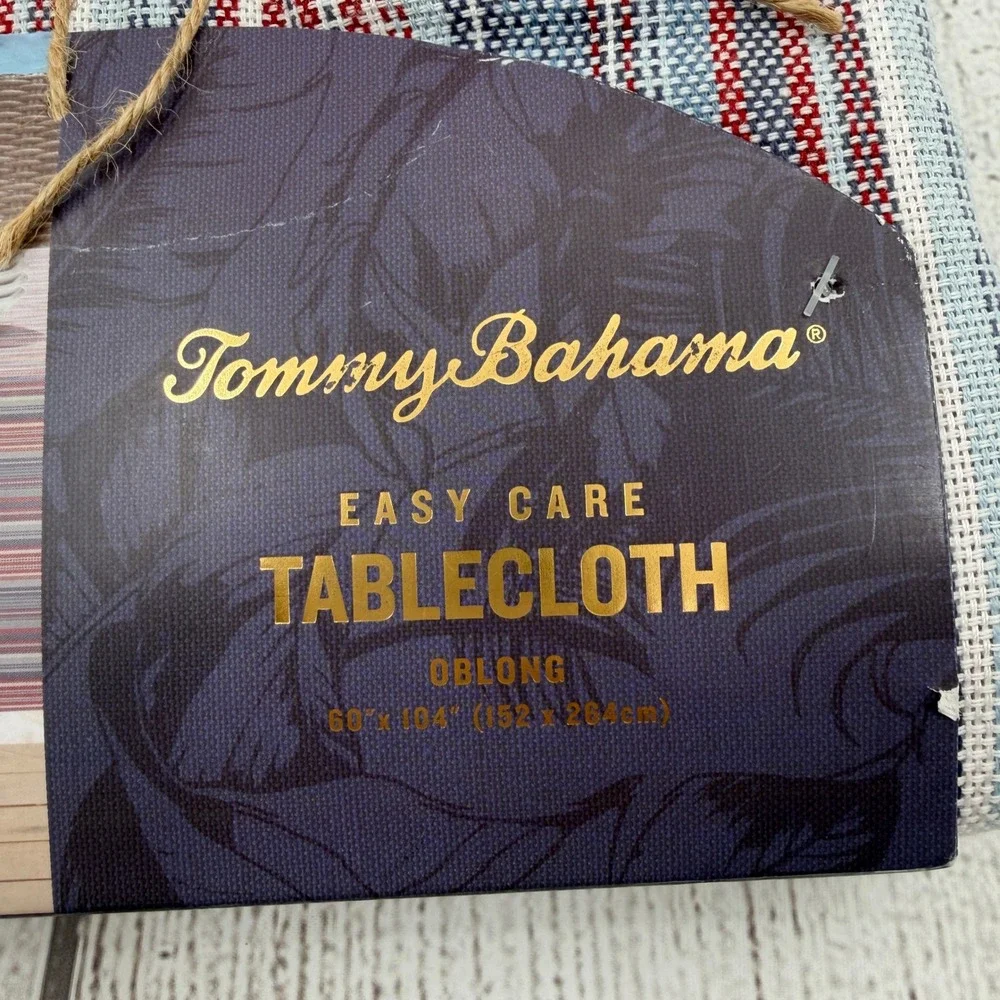 Tommy Bahama Tablecloth 60x104 Blue Red White Striped Coastal Woven Fringed